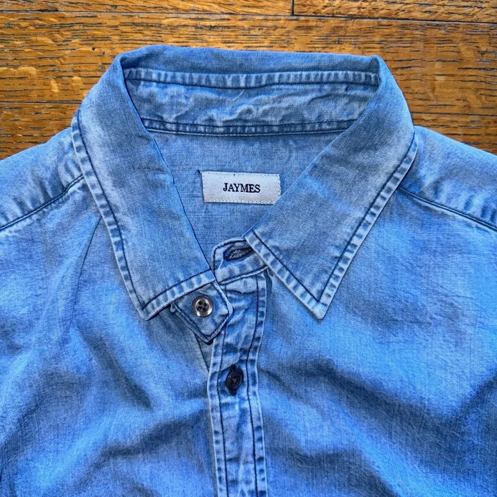 Jaymes‎ Mens Light Wash Denim Button Down Shirt Long Sleeve Blue Casual XL
